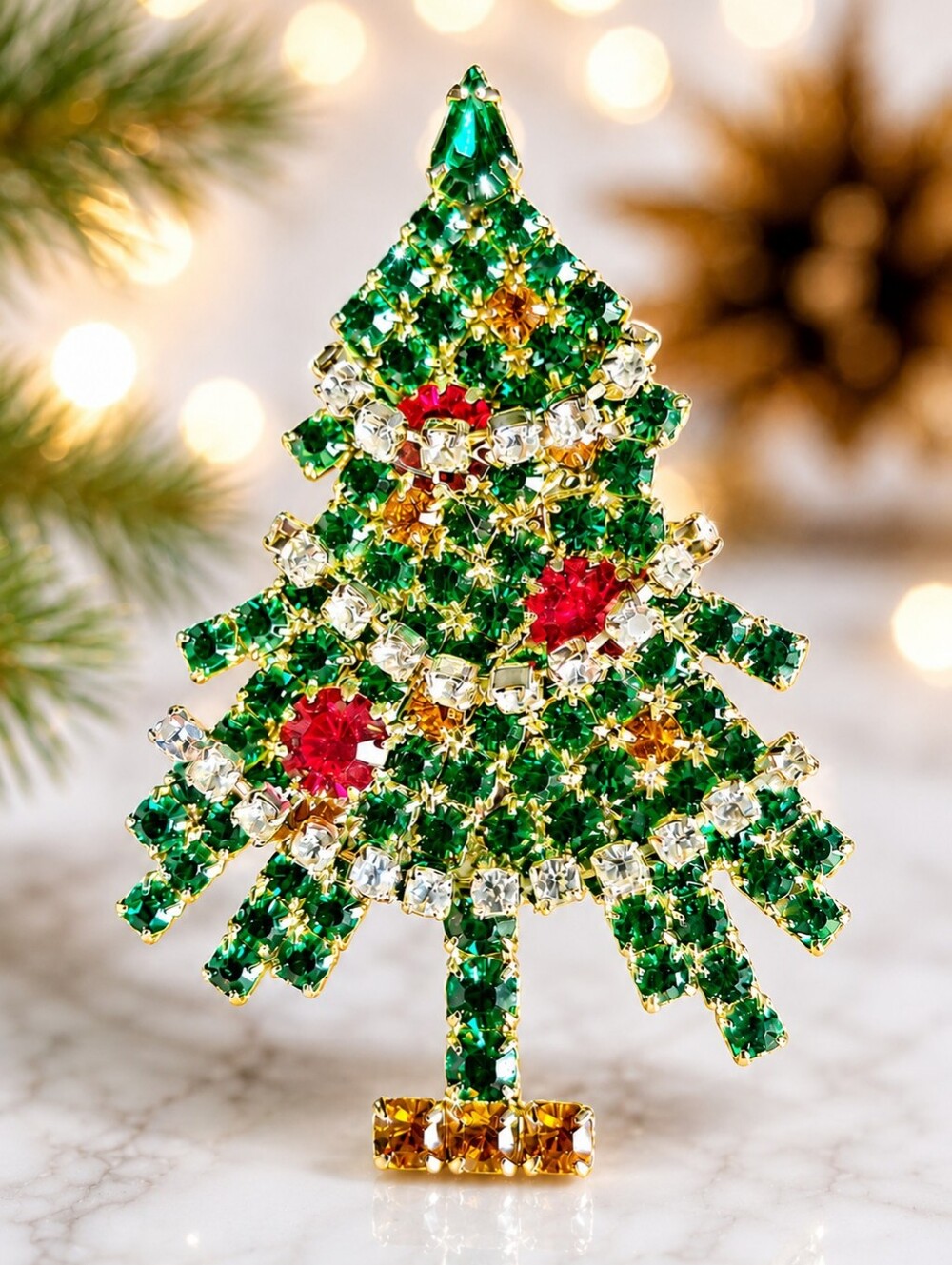 Vintage Eisenberg Ice Emerald Green Rhinestone Christmas Tree Brooch
